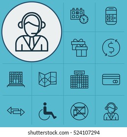 Set Of 12 Traveling Icons. Can Be Used For Web, Mobile, UI And Infographic Design. Includes Elements Such As Present, Credit, Building And More.