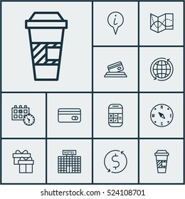 Set Of 12 Traveling Icons. Can Be Used For Web, Mobile, UI And Infographic Design. Includes Elements Such As Compass, Around, Hotel And More.