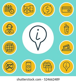 Set Of 12 Traveling Icons. Can Be Used For Web, Mobile, UI And Infographic Design. Includes Elements Such As Cup, World, Card And More.