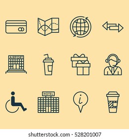 Set Of 12 Traveling Icons. Can Be Used For Web, Mobile, UI And Infographic Design. Includes Elements Such As Road Map, Info Pointer, Plastic Card And More.