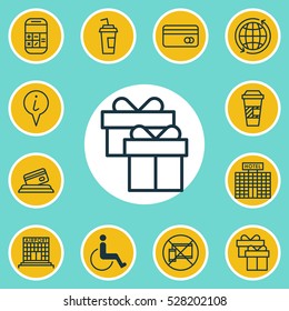 Set Of 12 Traveling Icons. Can Be Used For Web, Mobile, UI And Infographic Design. Includes Elements Such As Plastic Card, Calculation, Takeaway Coffee And More.
