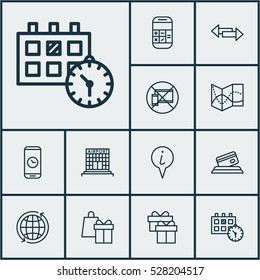 Set Of 12 Traveling Icons. Can Be Used For Web, Mobile, UI And Infographic Design. Includes Elements Such As Credit Card, Call Duration, Appointment And More.