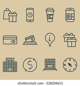 Set Of 12 Traveling Icons. Can Be Used For Web, Mobile, UI And Infographic Design. Includes Elements Such As Airfield Manufacture, Takeaway Coffee, Money Trasnfer And More.