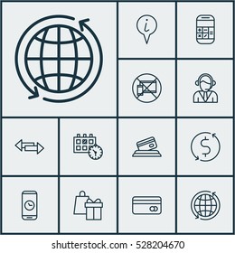 Set Of 12 Traveling Icons. Can Be Used For Web, Mobile, UI And Infographic Design. Includes Elements Such As Plastic Card, Credit Card, Forbidden Mobile And More.