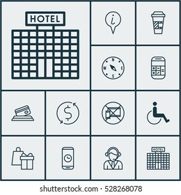 Set Of 12 Traveling Icons. Can Be Used For Web, Mobile, UI And Infographic Design. Includes Elements Such As Info Pointer, Locate, Takeaway Coffee And More.