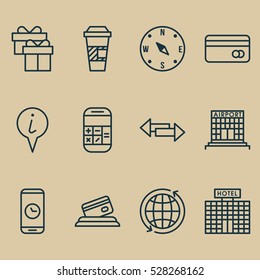 Set Of 12 Traveling Icons. Can Be Used For Web, Mobile, UI And Infographic Design. Includes Elements Such As Takeaway Coffee, Calculation, Credit Card And More.
