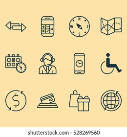 Set Of 12 Traveling Icons. Can Be Used For Web, Mobile, UI And Infographic Design. Includes Elements Such As World, Operator, Money Trasnfer And More.