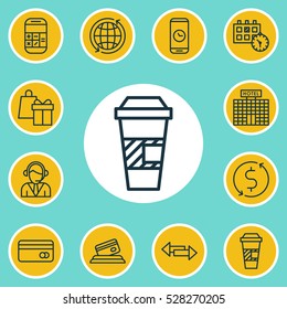 Set Of 12 Traveling Icons. Can Be Used For Web, Mobile, UI And Infographic Design. Includes Elements Such As Appointment, Shopping, Money Trasnfer And More.