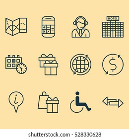 Set Of 12 Traveling Icons. Can Be Used For Web, Mobile, UI And Infographic Design. Includes Elements Such As Road Map, Operator, Accessibility And More.