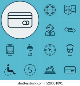 Set Of 12 Traveling Icons. Can Be Used For Web, Mobile, UI And Infographic Design. Includes Elements Such As Money Trasnfer, Drink Cup, World And More.