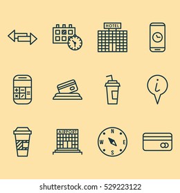 Set Of 12 Traveling Icons. Can Be Used For Web, Mobile, UI And Infographic Design. Includes Elements Such As Plastic Card, Credit Card, Crossroad And More.