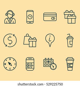 Set Of 12 Traveling Icons. Can Be Used For Web, Mobile, UI And Infographic Design. Includes Elements Such As Call Duration, Money Trasnfer, Shopping And More.