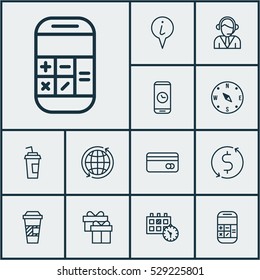 Set Of 12 Traveling Icons. Can Be Used For Web, Mobile, UI And Infographic Design. Includes Elements Such As Operator, Drink Cup, Call Duration And More.