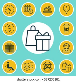 Set Of 12 Traveling Icons. Can Be Used For Web, Mobile, UI And Infographic Design. Includes Elements Such As Operator, Accessibility, Shopping And More.