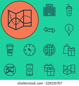 Set Of 12 Traveling Icons. Can Be Used For Web, Mobile, UI And Infographic Design. Includes Elements Such As Drink Cup, Road Map, Takeaway Coffee And More.