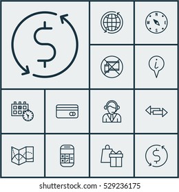 Set Of 12 Traveling Icons. Can Be Used For Web, Mobile, UI And Infographic Design. Includes Elements Such As Forbidden Mobile, World, Road Map And More.