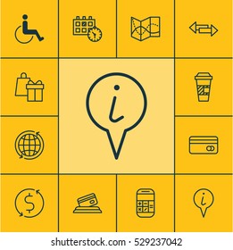 Set Of 12 Traveling Icons. Can Be Used For Web, Mobile, UI And Infographic Design. Includes Elements Such As Plastic Card, Crossroad, Takeaway Coffee And More.
