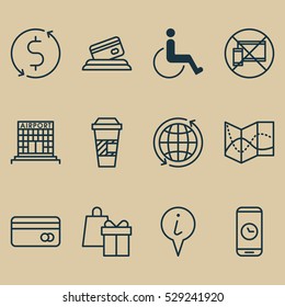 Set Of 12 Traveling Icons. Can Be Used For Web, Mobile, UI And Infographic Design. Includes Elements Such As Credit Card, Call Duration, Road Map And More.