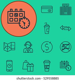 Set Of 12 Traveling Icons. Can Be Used For Web, Mobile, UI And Infographic Design. Includes Elements Such As Crossroad, Shopping, Resort Development And More.