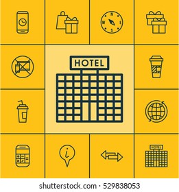 Set Of 12 Traveling Icons. Can Be Used For Web, Mobile, UI And Infographic Design. Includes Elements Such As Takeaway Coffee, Crossroad, Forbidden Mobile And More.