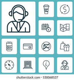 Set Of 12 Traveling Icons. Can Be Used For Web, Mobile, UI And Infographic Design. Includes Elements Such As Airfield Manufacture, Money Trasnfer, Forbidden Mobile And More.