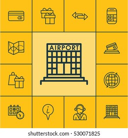 Set Of 12 Traveling Icons. Can Be Used For Web, Mobile, UI And Infographic Design. Includes Elements Such As Present, Plastic Card, Crossroad And More.