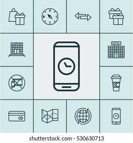 Set Of 12 Traveling Icons. Can Be Used For Web, Mobile, UI And Infographic Design. Includes Elements Such As Road Map, Plastic Card, Call Duration And More.