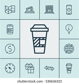 Set Of 12 Traveling Icons. Can Be Used For Web, Mobile, UI And Infographic Design. Includes Elements Such As Takeaway Coffee, Airfield Manufacture, Credit Card And More.