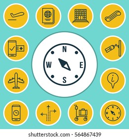 Set Of 12 Traveling Icons. Includes Identification Document, Info Pointer, Airliner And Other Symbols. Beautiful Design Elements.