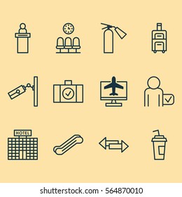 Set Of 12 Traveling Icons. Includes Registration Service, Seats, Internet Ticket And Other Symbols. Beautiful Design Elements.