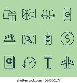 Set Of 12 Traveling Icons. Includes Identification Document, Call Duration, Airplane Information And Other Symbols. Beautiful Design Elements.