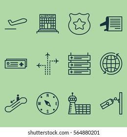 Set Of 12 Traveling Icons. Includes Escalator Down, World, Plane Schedule And Other Symbols. Beautiful Design Elements.