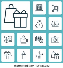 Set Of 12 Traveling Icons. Includes Present, Flight Path, Exit And Other Symbols. Beautiful Design Elements.