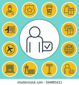 Set Of 12 Traveling Icons. Includes Timetable, Airplane Information, Present And Other Symbols. Beautiful Design Elements.