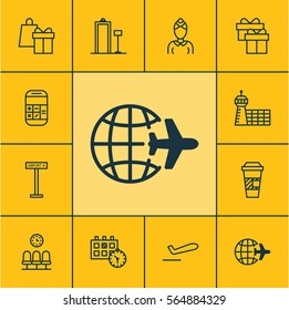 Set Of 12 Traveling Icons. Includes Appointment, Security Scanner, Airplane Information And Other Symbols. Beautiful Design Elements.