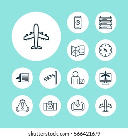 Set Of 12 Traveling Icons. Includes Luggage Scanner, Siren, Airliner And Other Symbols. Beautiful Design Elements.