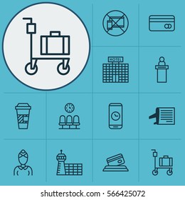 Set Of 12 Traveling Icons. Includes Seats, Registration Service, Forbidden Mobile And Other Symbols. Beautiful Design Elements.
