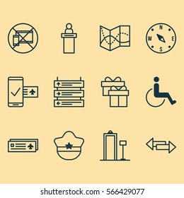 Set Of 12 Traveling Icons. Includes Present, Security Scanner, Pilot Hat And Other Symbols. Beautiful Design Elements.