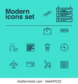 Set Of 12 Traveling Icons. Includes Stair Lift, Globetrotter, Airliner And Other Symbols. Beautiful Design Elements.