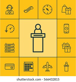 Set Of 12 Traveling Icons. Includes Shopping, Airliner, Present And Other Symbols. Beautiful Design Elements.