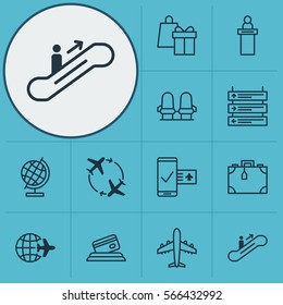 Set Of 12 Traveling Icons. Includes Moving Staircase, Fly Around, Phone Reservation And Other Symbols. Beautiful Design Elements.