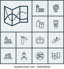 Set Of 12 Traveling Icons. Includes Fire Extinguisher, Credit Card, Forbidden Mobile And Other Symbols. Beautiful Design Elements.