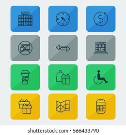 Set Of 12 Traveling Icons. Includes Locate, Airfield Manufacture, Money Trasnfer And Other Symbols. Beautiful Design Elements.