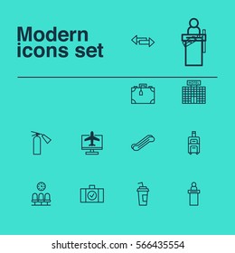Set Of 12 Traveling Icons. Includes Crossroad, Video Surveillance, Suitcase And Other Symbols. Beautiful Design Elements.