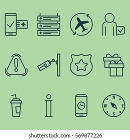 Set Of 12 Traveling Icons. Includes Call Duration, Present, Locate And Other Symbols. Beautiful Design Elements.