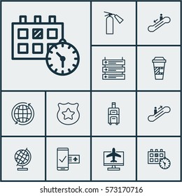 Set Of 12 Traveling Icons. Includes Takeaway Coffee, Plane Schedule, Internet Ticket And Other Symbols. Beautiful Design Elements.