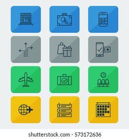 Set Of 12 Traveling Icons. Includes Flight Path, Airfield Manufacture, Phone Reservation And Other Symbols. Beautiful Design Elements.