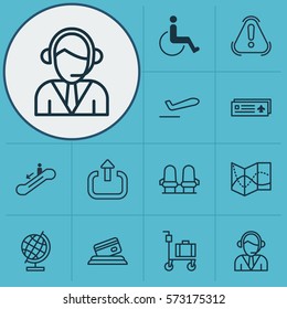 Set Of 12 Traveling Icons. Includes Credit Card, Operator, Siren And Other Symbols. Beautiful Design Elements.