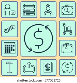 Set Of 12 Traveling Icons. Includes Suitcase Pushcart, Money Trasnfer, Hostess And Other Symbols. Beautiful Design Elements.