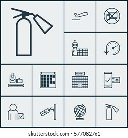 Set Of 12 Traveling Icons. Includes Forbidden Mobile, Departure Information, Travel Clock And Other Symbols. Beautiful Design Elements.